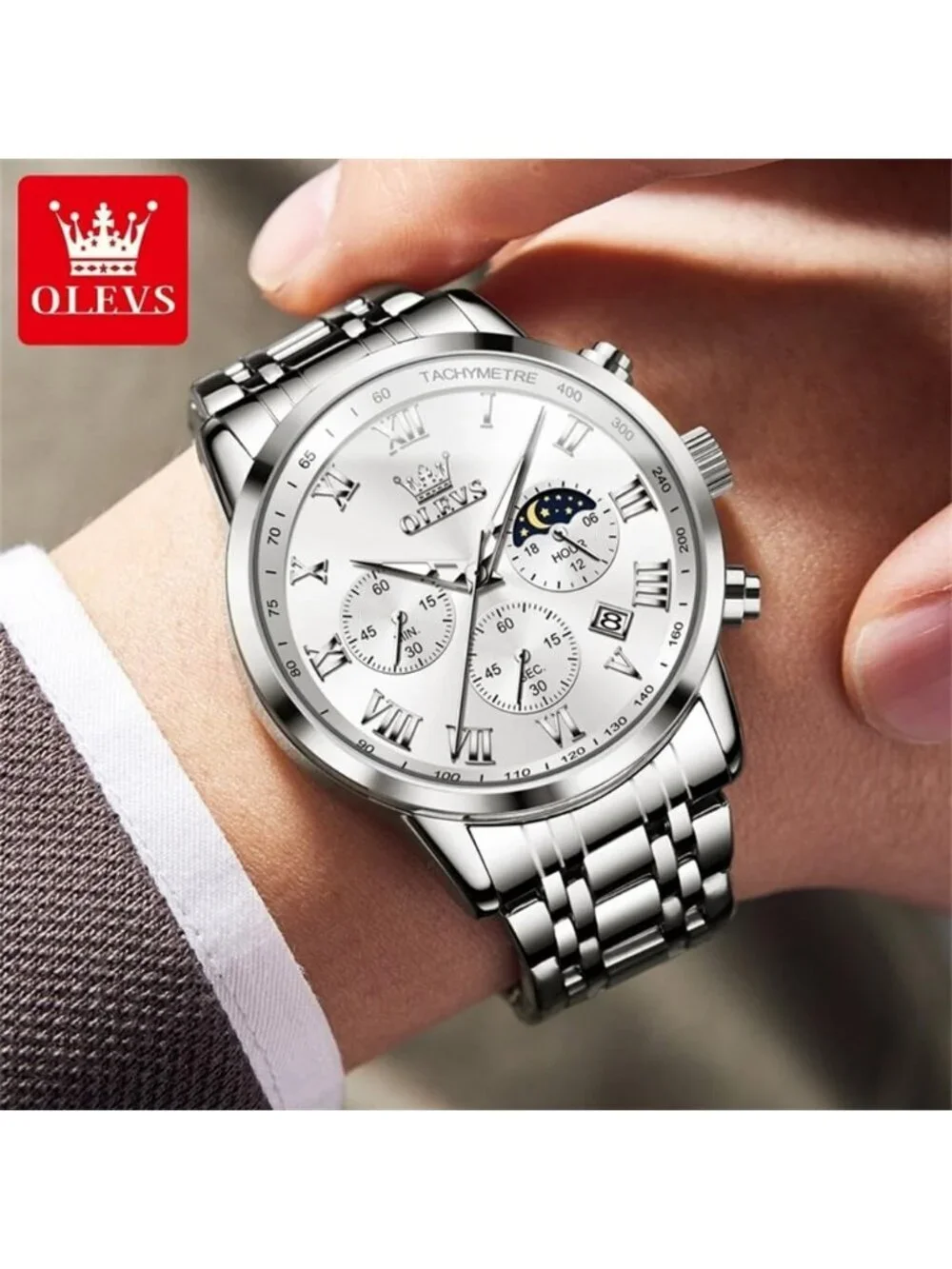 Olevs Men's Silver Multifunction Waterproof Luminous Chronograph Wrist Watch